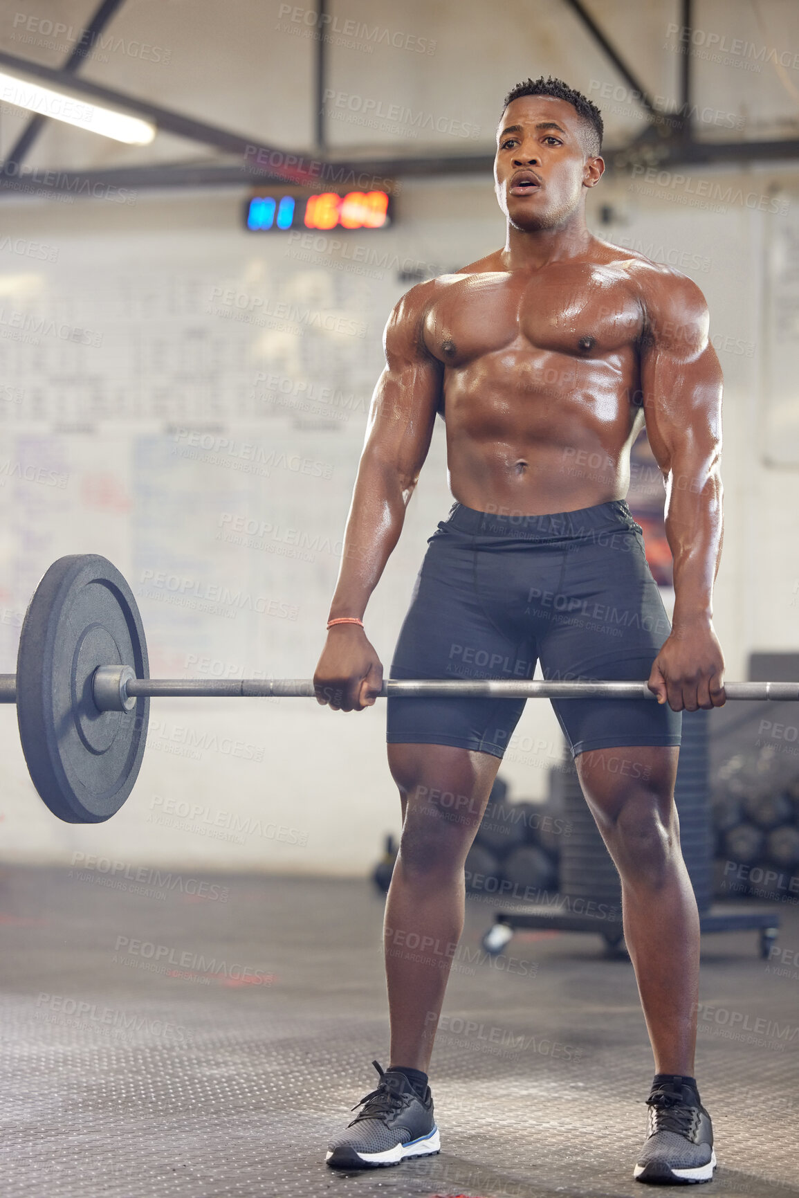 Buy stock photo Fitness, muscle and a black man bodybuilder with a barbell in the gym during a physical workout routine. Exercise, strong and sweat with a shirtless male athlete lifting weights in a sports center