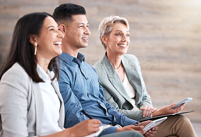 Buy stock photo Business people, smile and diversity in office for workshop  with company, notebook and employees. Accountant, happy and training in workplace for development, education and knowledge with motivation