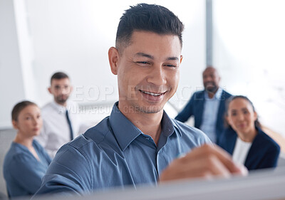 Buy stock photo Smile, presentation and business man writing on board for training, coaching or teaching finance team. Leader, manager and drawing for ideas, brainstorming and planning at workshop in conference room