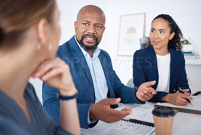 Buy stock photo Diversity, group and business people in discussion, planning and problem solving in office. Team, leader and sales manager talking for brainstorming ideas with data analysis, stats and profit info