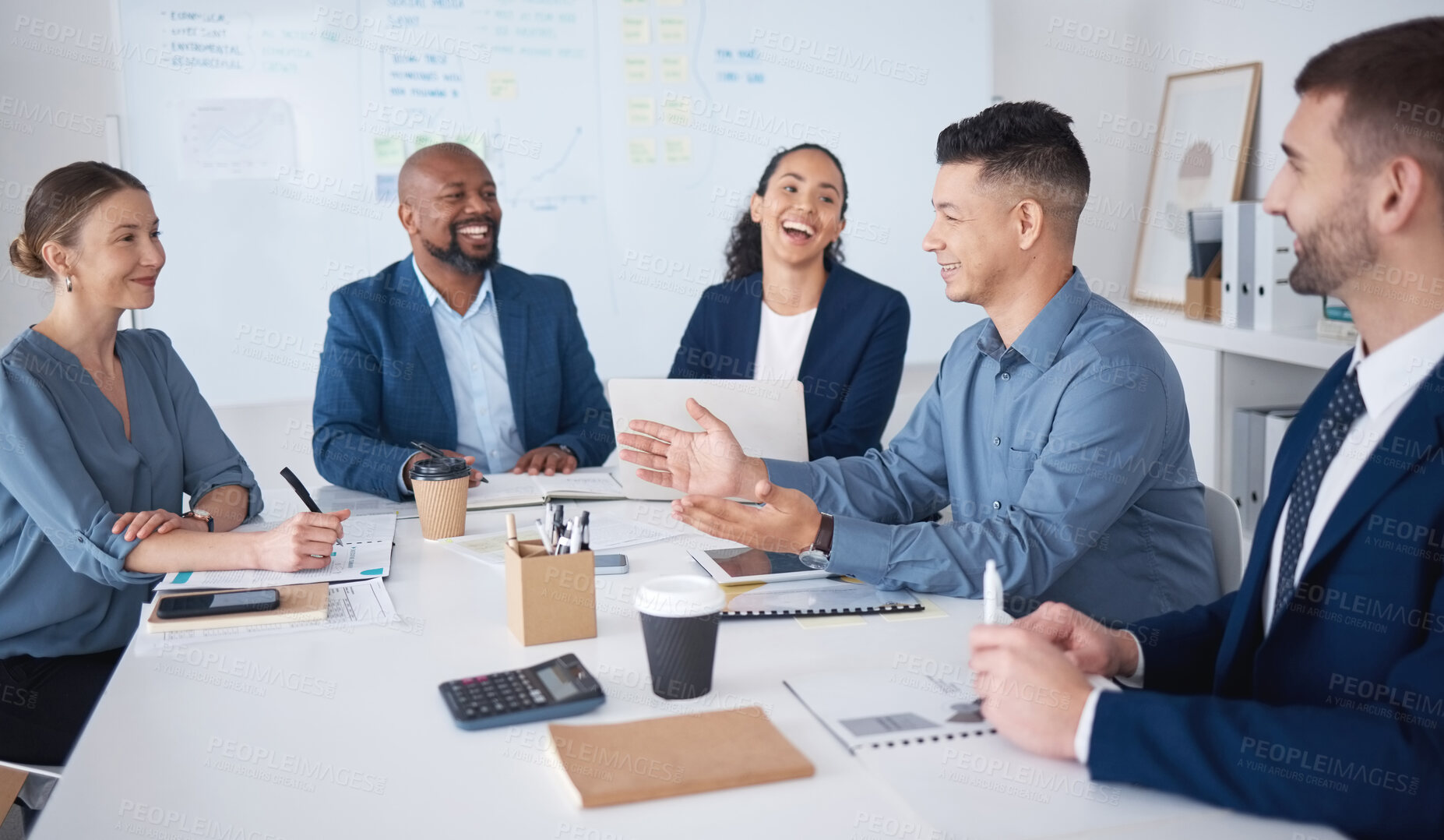 Buy stock photo Diversity, happy team and business people in training, coaching or laugh at joke. Group, leader and product manager in office for brainstorming ideas with stats, data and writing notes in meeting