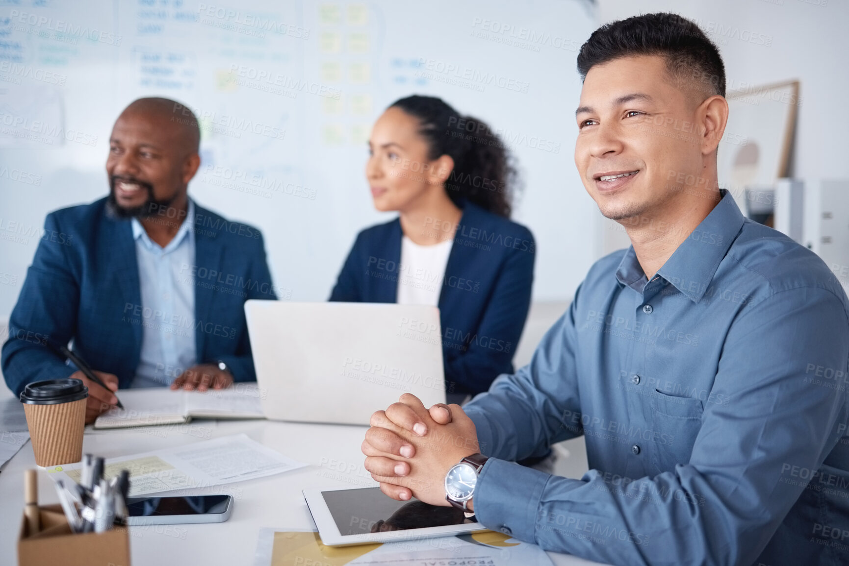 Buy stock photo Diversity, group and business people in training, planning and coaching in meeting. Happy team, leader and risk manager in office for brainstorming ideas, problem solving and thinking of solution
