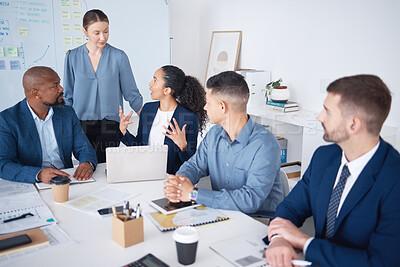 Buy stock photo Diversity, team and business people in training, planning and coaching with laptop in meeting. Group, leader or engagement manager in office for brainstorming ideas with social media analysis or data