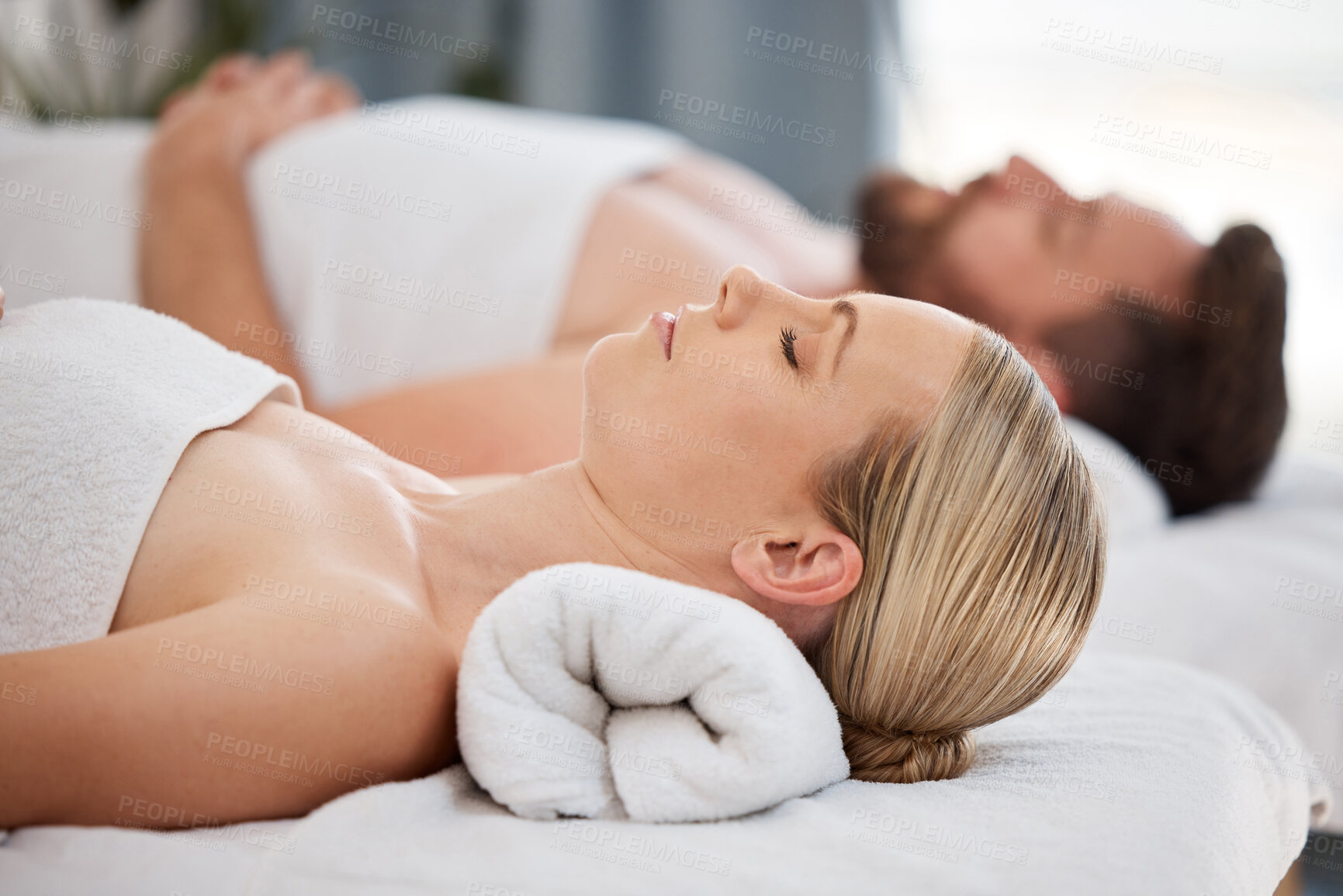 Buy stock photo Resting, couple and spa for massage, relax on holiday and wellness with weekend break, skincare and calm. Beauty salon, man or woman with vacation, stress relief and time together with luxury service