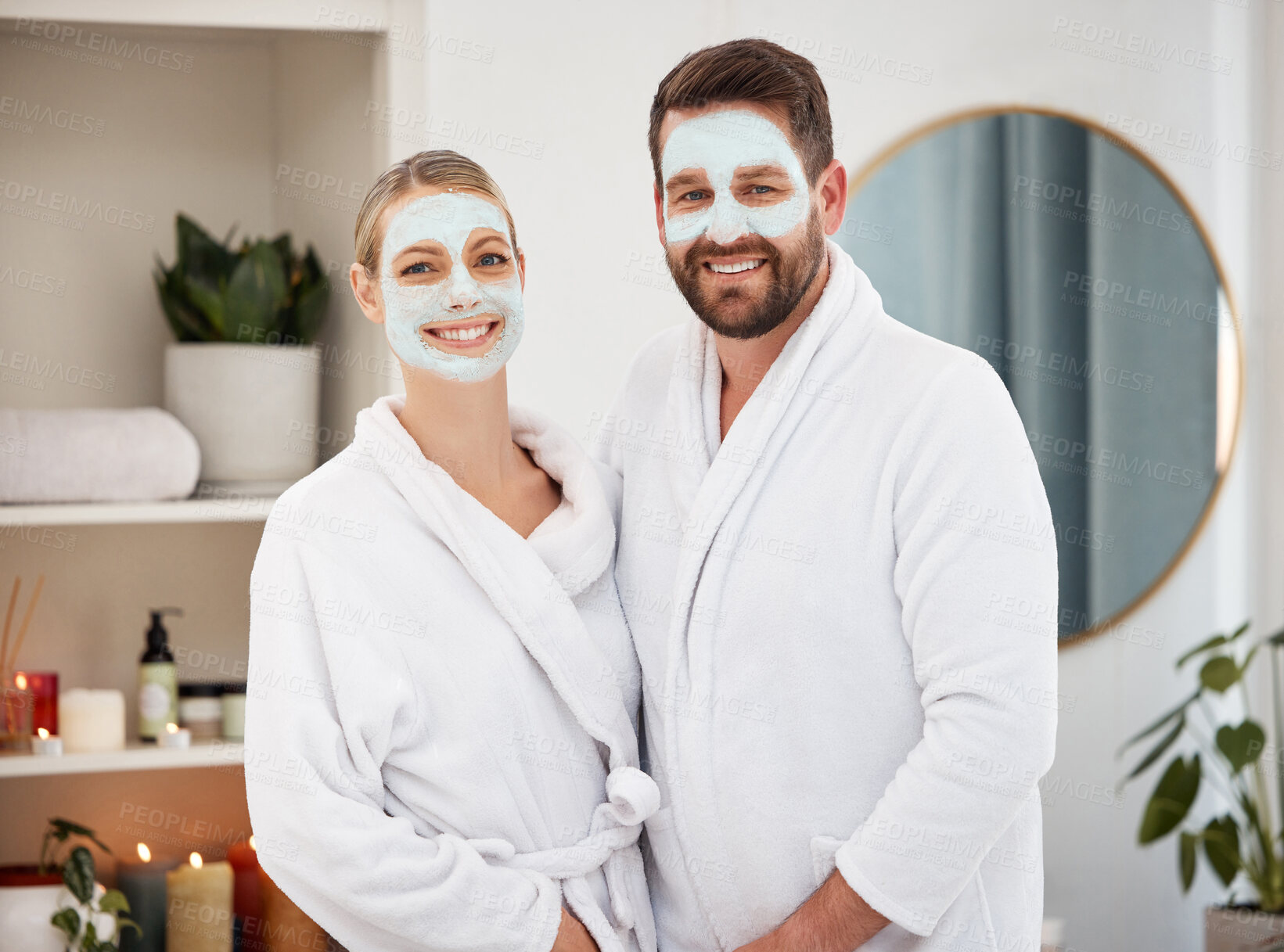 Buy stock photo Portrait smile, couple and mask for skincare with natural glow, wellness and self care in spa. Woman, man and beauty facial together for dermatology, bonding and happy for luxury treatment in salon