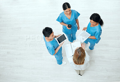 Buy stock photo Teamwork, tablet or above of nurses in meeting planning a surgery strategy in collaboration together. Top view of healthcare doctors talking or speaking of online news reports, feedback or research 