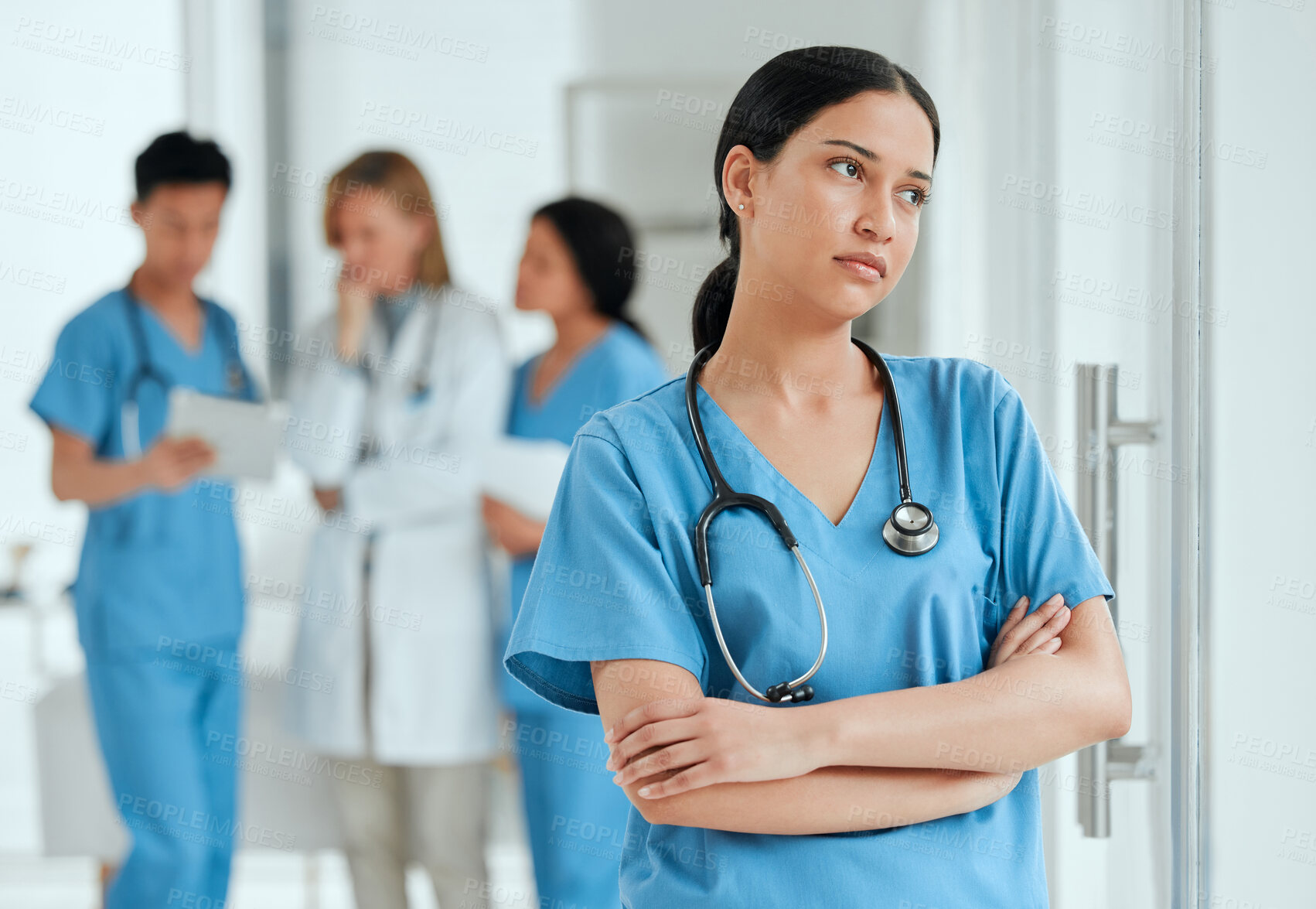 Buy stock photo Woman thinking, stress or sad nurse with burnout, anxiety or  problem worried by medical emergency. Worry, tired woman or depressed healthcare doctor with grief, fear or depression in hospital clinic