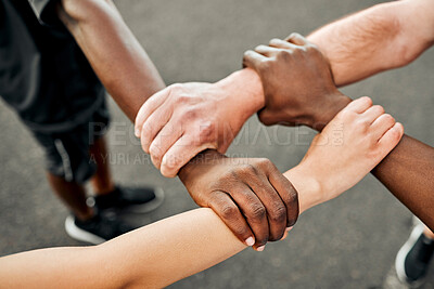 Buy stock photo Friends, holding hands and solidarity for workout, outdoor and fitness of group and happy for routine and above. Morning, closeup and collaboration of team, runner and exercise for summer body