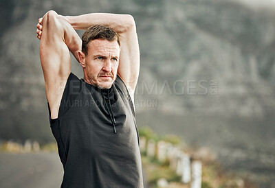 Buy stock photo Mature man, stretching and warm up for running, exercise and sport in outdoor for fitness or wellness. Male person, runner and nature for practice, race or recreation as athlete in training or hiking