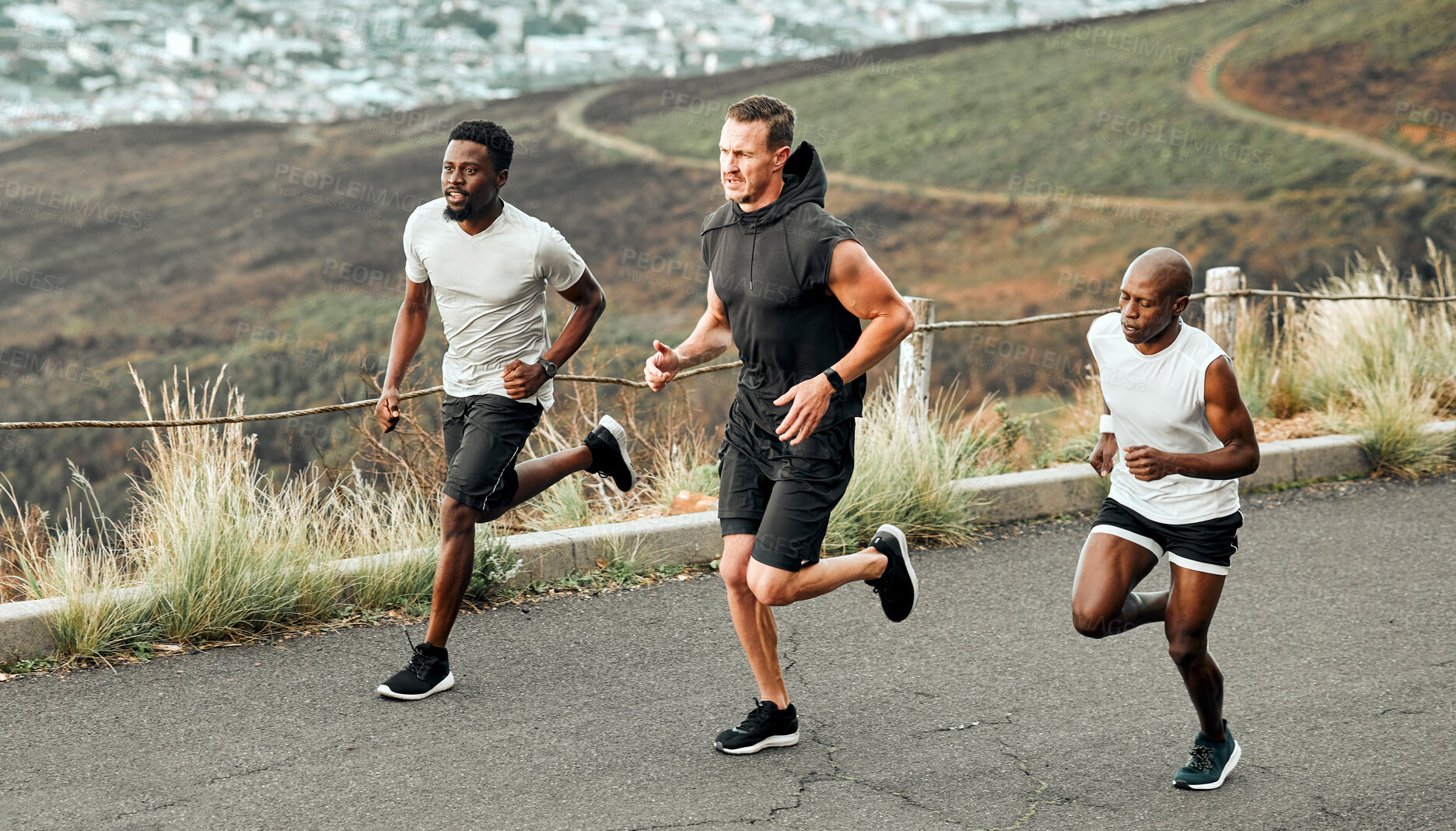 Buy stock photo Running, men and team in challenge for marathon, exercise and sport in outdoor for fitness or wellness. Male people, runners and nature for practice, race or recreation as athlete in training for run