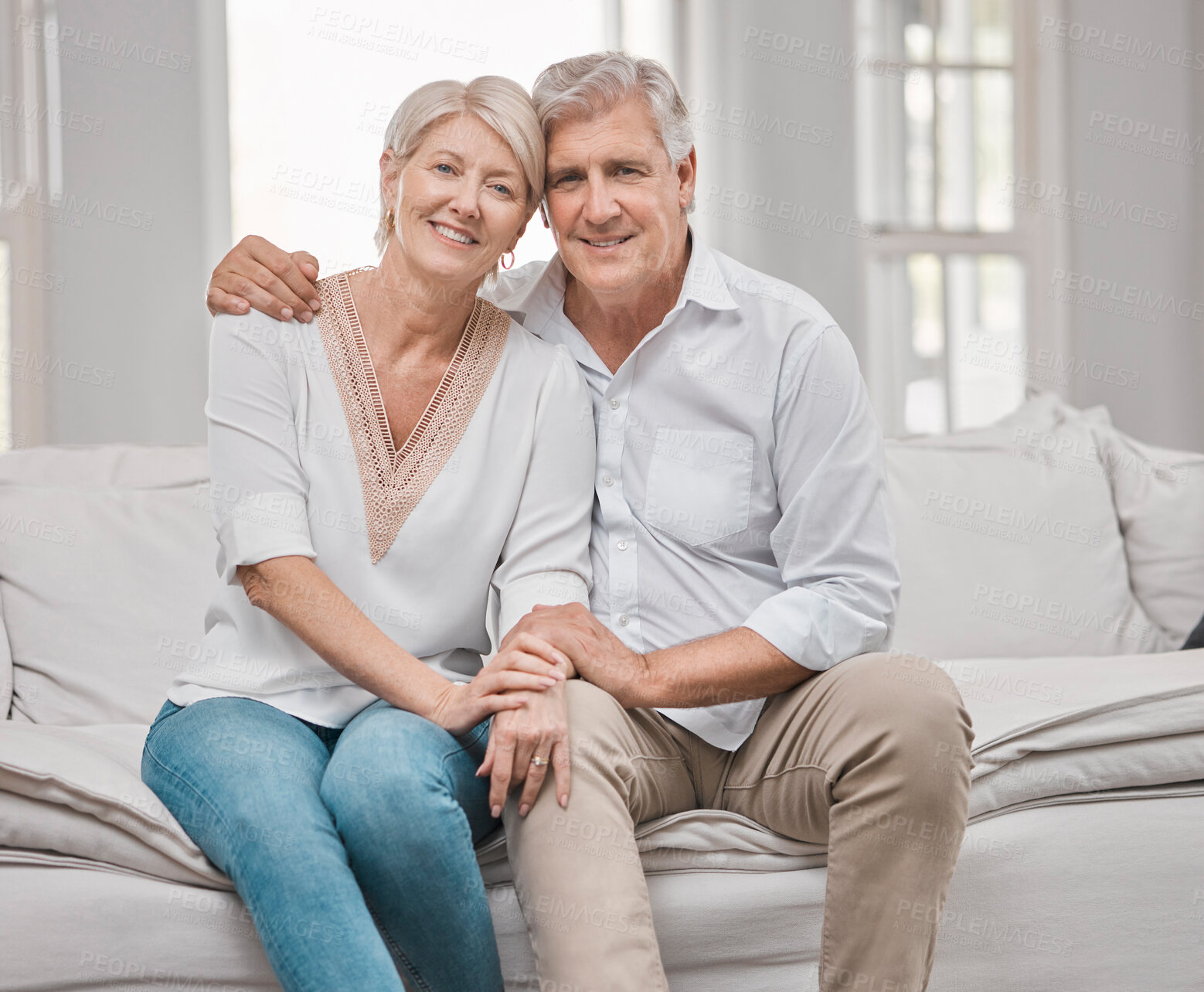 Buy stock photo Portrait, relax and senior couple on sofa for retirement with love relationship, support and smile in home. Embrace, mature woman and man on couch for peace, hug and bonding together for trust