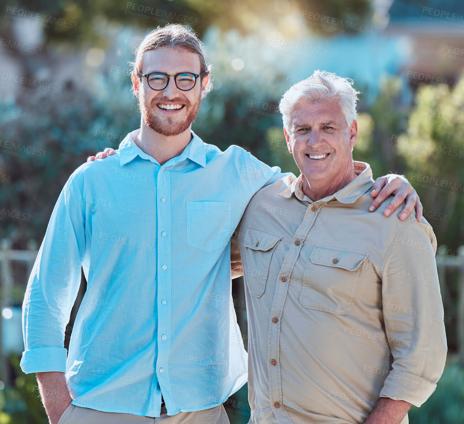 Buy stock photo Senior father, man and together in portrait, outdoor and hug with smile for care, love and connection in backyard. Dad, son and family in garden for bonding at reunion, embrace and happy in Ireland