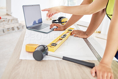 Buy stock photo People, architects and point laptop for blueprint design,  construction planning or research ideas of project floor plan. Team, contractor with digital, support and information for development goal