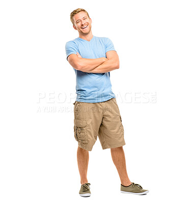 Buy stock photo Man, portrait and arms crossed in studio with fashion in casual style, trendy outfit or confidence on mockup. Model, person and laughing for funny joke with relax, pride or shorts on white background