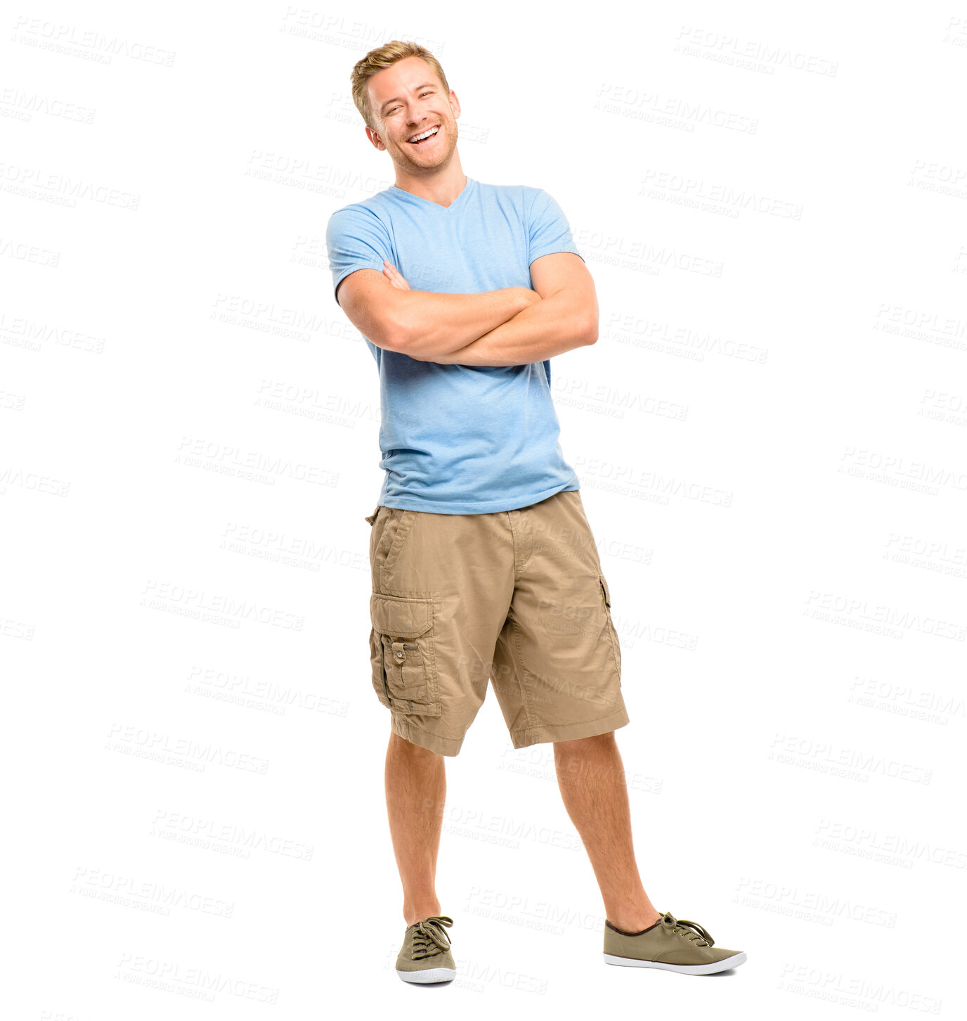 Buy stock photo Man, portrait and arms crossed in studio with fashion in casual style, trendy outfit or confidence on mockup. Model, person and laughing for funny joke with relax, pride or shorts on white background