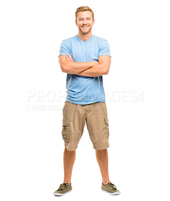 Buy stock photo Smile, portrait and man with arms crossed in studio with casual fashion, confidence or summer outfit on white background. Cool, aesthetic and model with good mood for streetwear, style or happiness