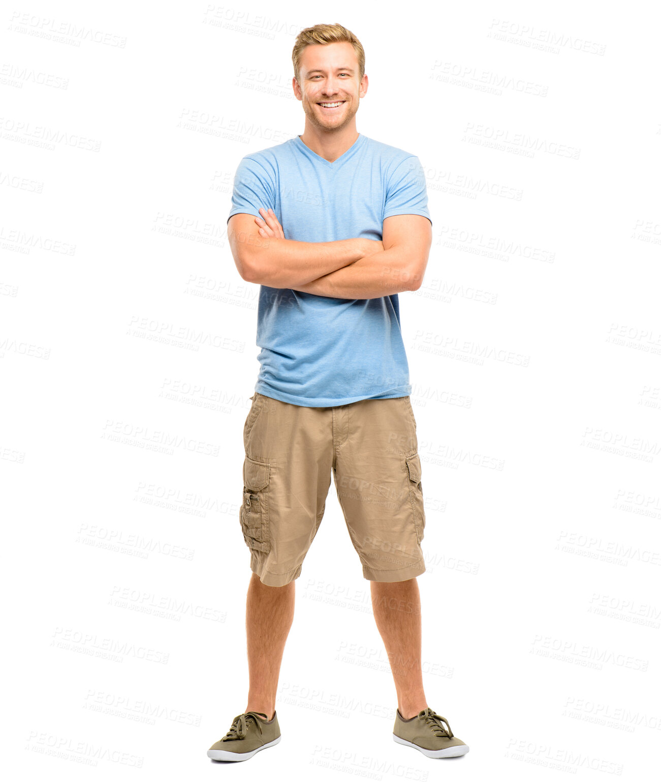 Buy stock photo Smile, portrait and man with arms crossed in studio with casual fashion, confidence or summer outfit on white background. Cool, aesthetic and model with good mood for streetwear, style or happiness