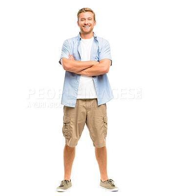 Buy stock photo Man, portrait or arms crossed or happy with style in casual fashion, trendy outfit and confidence on mockup. Model, person or smile with relax, summer clothes or shorts with pride on white background