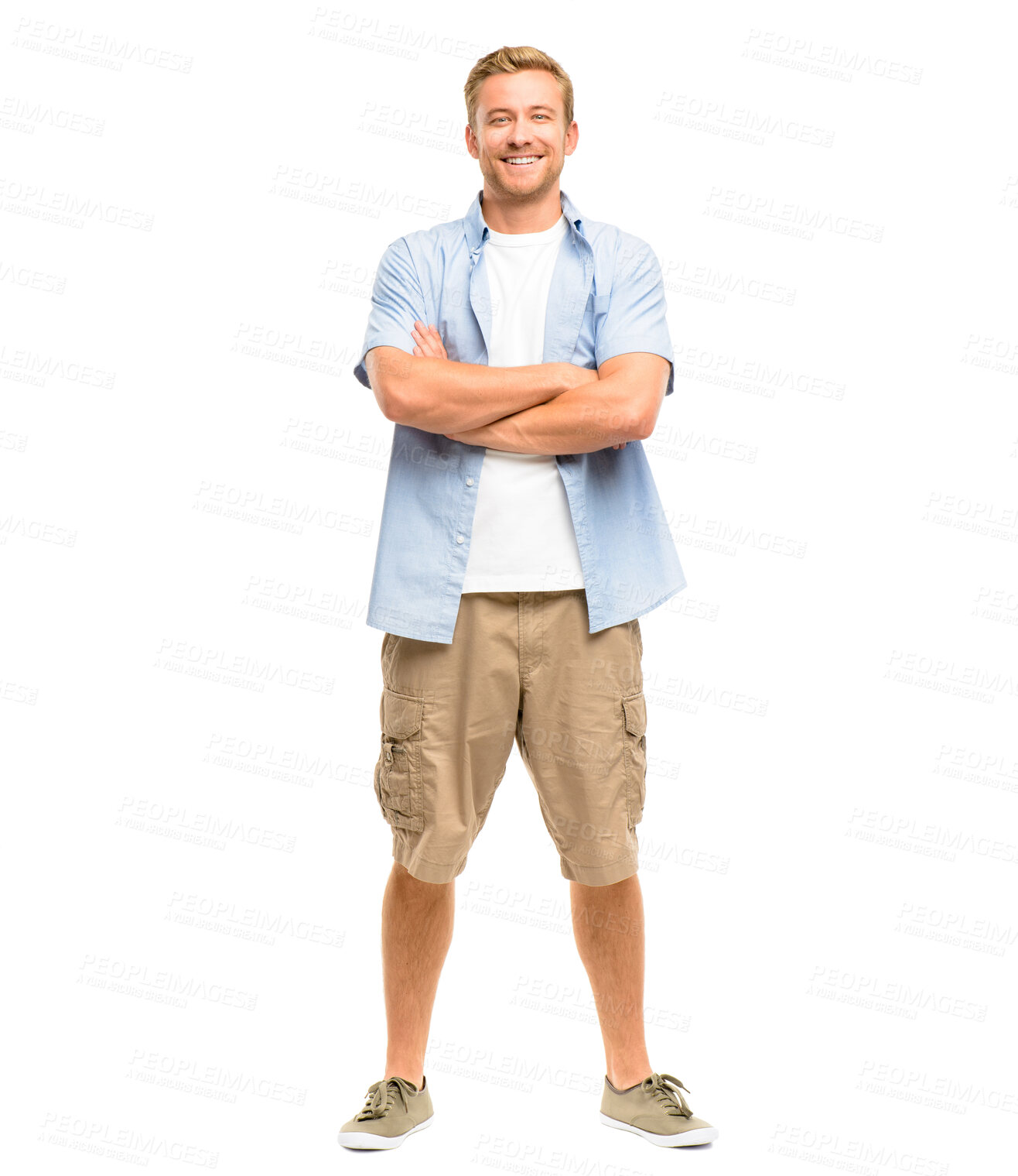 Buy stock photo Man, portrait or arms crossed or happy with style in casual fashion, trendy outfit and confidence on mockup. Model, person or smile with relax, summer clothes or shorts with pride on white background