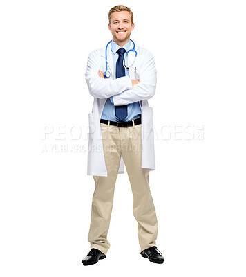 Buy stock photo Doctor, portrait and happy man with arms crossed in studio for confidence, healthcare or medical career. Hospital, help and surgeon with stethoscope for trust, medicine or service on white background