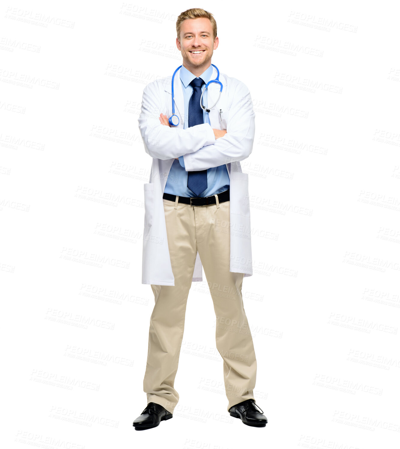 Buy stock photo Doctor, portrait and happy man with arms crossed in studio for confidence, healthcare or medical career. Hospital, help and surgeon with stethoscope for trust, medicine or service on white background