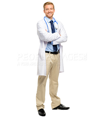 Buy stock photo Doctor, portrait and happy man with arms crossed with white background for confidence, healthcare or medical career. Clinic, help and surgeon with stethoscope for trust, medicine or service in studio