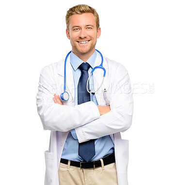 Buy stock photo Doctor, portrait and man with arms crossed by white background for confidence, healthcare or medical career. Mockup, help and male surgeon with stethoscope for trust, medicine or service in studio