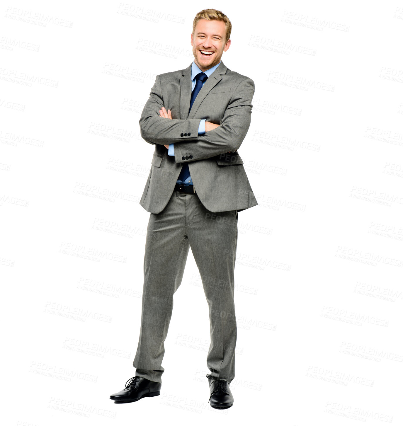 Buy stock photo Studio, happy and portrait of businessman with arms crossed for career, confidence and ambition. Law firm, male person and attorney with pride for legal company, job and corporate on white background