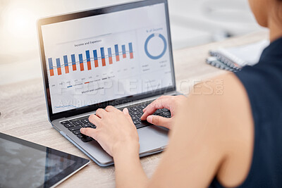 Buy stock photo Screen, laptop or businesswoman trading on stock market, fintech app or cryptocurrency growth. Charts, financial trader or hands on technology for dashboard statistics, investment or finance graphs 