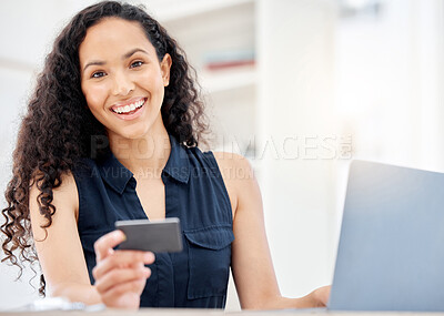 Buy stock photo Woman, portrait and credit card for online shopping in payment, e commerce on laptop for fitnech. Female person, banking and investing in retail or sale for discount, savings for company or project
