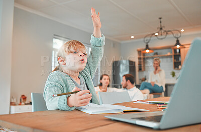 Buy stock photo Girl, laptop and question in virtual class for elearning, education or answer in living room at home. Little child or kid with hand raised by computer for online learning, video call or FAQ at house