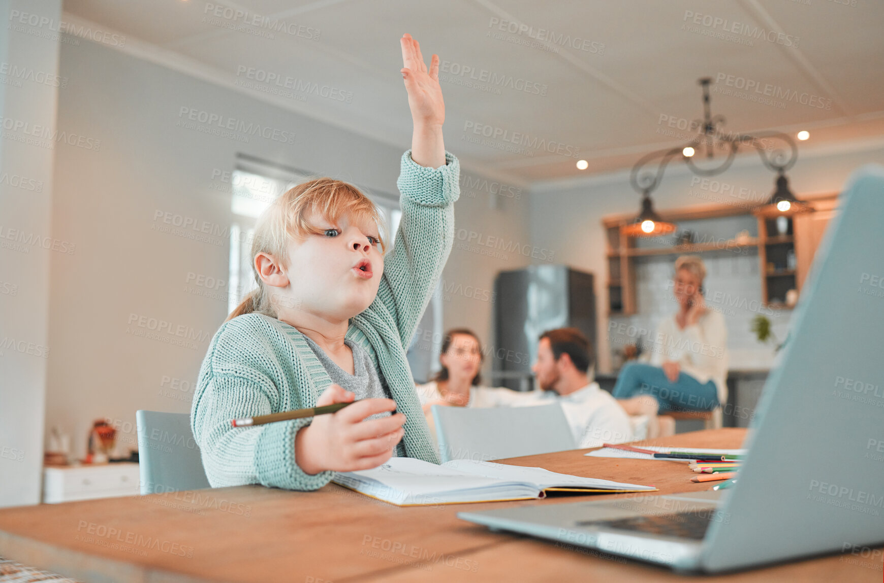 Buy stock photo Girl, laptop and question in virtual class for elearning, education or answer in living room at home. Little child or kid with hand raised by computer for online learning, video call or FAQ at house