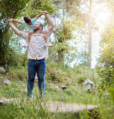 Buy stock photo Boy, father and child on shoulder in outdoor for fun on weekend trip in nature for bonding together with love or care. Garden, environment and son with dad for adventure or holiday fun in summer.