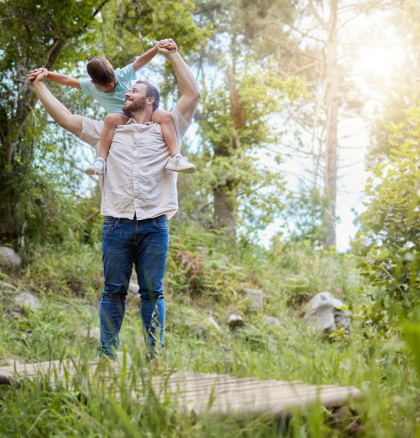 Buy stock photo Boy, father and child on shoulder in outdoor for fun on weekend trip in nature for bonding together with love or care. Garden, environment and son with dad for adventure or holiday fun in summer.