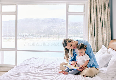 Buy stock photo Mother, girl and reading a story on bed, literacy and learning abc for language development. Mama, daughter and parent support for fairytale or together for storytelling, love and home for bonding