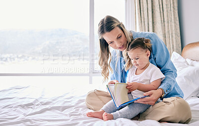 Buy stock photo Mother, girl and reading book for story on bed, literacy and learning abc for language development. Mama, daughter and parent for fairytale or together for storytelling, love and home for bonding