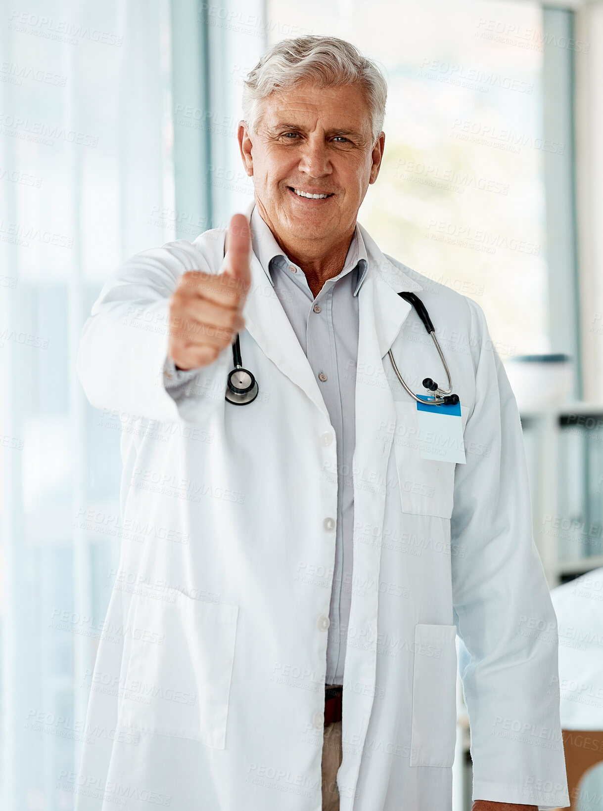 Buy stock photo Healthcare, portrait and thumbs up with mature doctor in hospital for success or support. Cardiology, medical and thank you with smile of happy medicine professional in clinic for consulting or trust