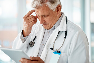 Buy stock photo Mature man, doctor and tablet with thinking for patient results or digital folder with information. Hospital, technology and online with stress for virus or disease solution with cure for diagnosis