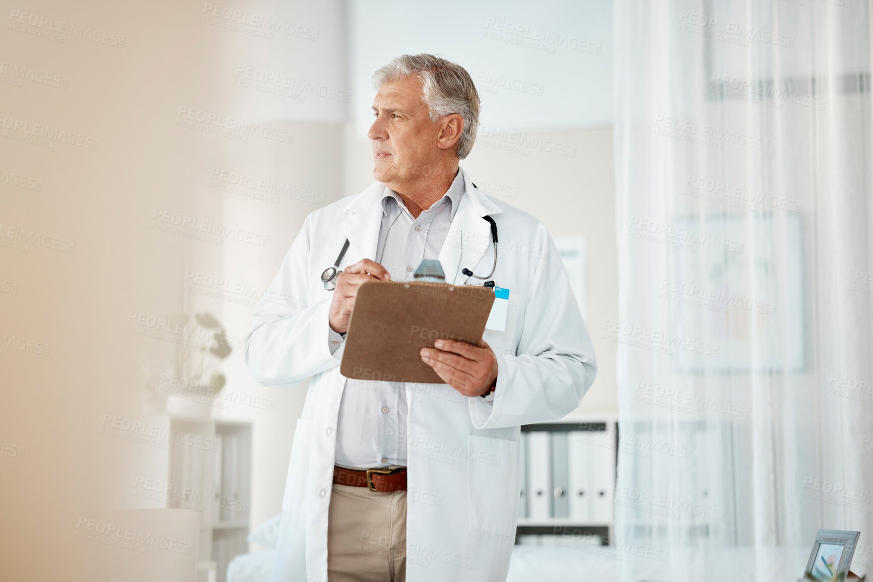 Buy stock photo Mature man, doctor and clipboard with checklist for patient results, folder and report for information. Hospital, healthcare and medical records for prescription, medication and inspection on checkup