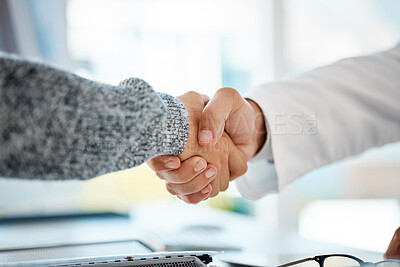 Buy stock photo Handshake, medical and patient with doctor in consultation for thank you, welcome or greeting. Insurance, checkup and healthcare worker shaking hands for support of diagnosis with person in clinic