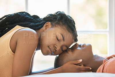 Buy stock photo Calm, bed or black couple in home to relax, chill or enjoy anniversary together for zen peace or trust. Resting, romantic woman and African man bonding in house with care, support or special moment