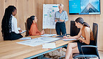 Mature caucasian businesswoman smiling and standing using a tablet while giving a presentation in the boardroom during a meeting with her female only diverse multiracial colleagues in a workplace. Our office is going digital