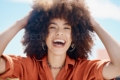 Buy stock photo Black woman, happy and excited outdoor for dance, freedom and party with music, portrait and afro. Female person, smile and joy for celebration, birthday and event with face, fun and laughing outside