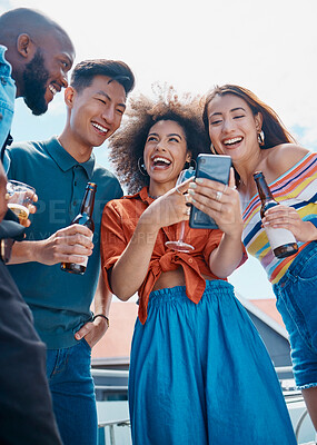 Buy stock photo Smartphone, friends and portrait of group on vacation, laughing together with meme on weekend trip. Smile, happy and multiracial people browse internet for holiday, adventure or web app in town