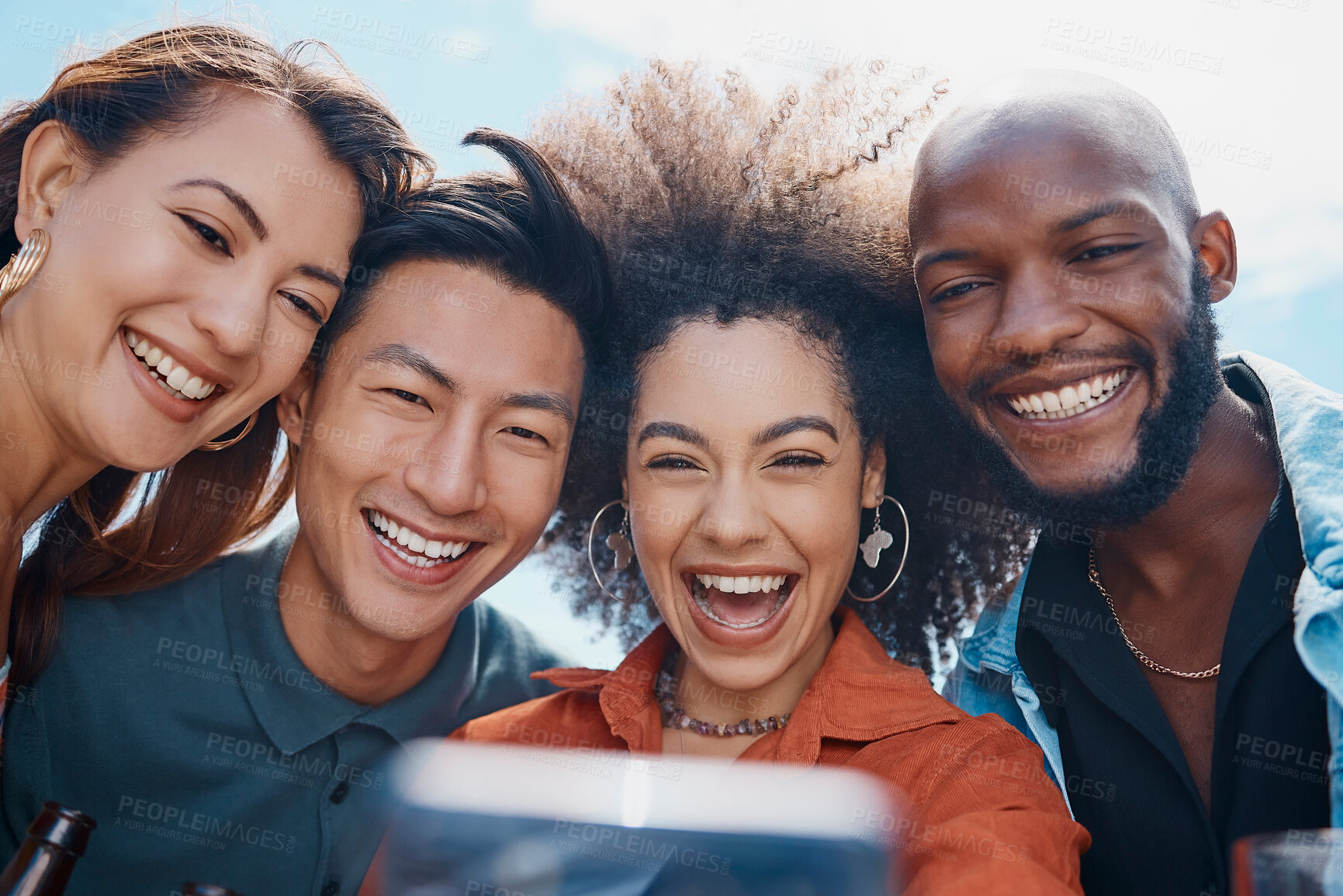 Buy stock photo Cellphone, diversity and selfie of friends on vacation, having fun together with woman on weekend trip. Smile, happy group and multiracial people on internet for holiday memory, adventure or picture