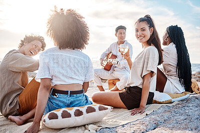 Buy stock photo Guitar, portrait and woman at picnic with friends, bonding and celebration at beach with music. Musician, instrument and entertainment on seaside with people, social gathering and reunion on vacation