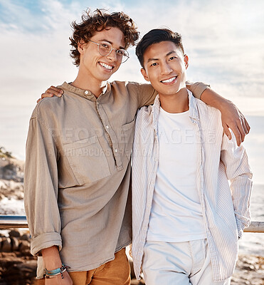 Buy stock photo Beach, fun and portrait of lgbt men together for bonding, outdoor adventure and travel holiday. Pride, diversity and happy gen z friends on ocean vacation with embrace, smile and gay couple on island