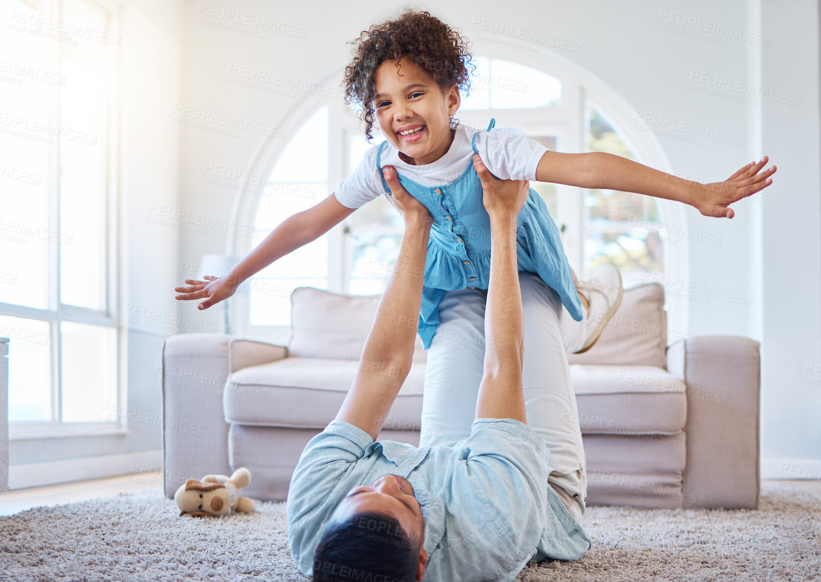 Buy stock photo Game, airplane and portrait of kid with dad for trust, support and bonding in home. Girl child, father and play of floor with lift, freedom and flying fantasy in living room with love, happy or care