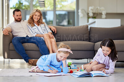 Buy stock photo Children, writing and floor for education at house with creative learning, bonding and language development. Family, kids and notebook for drawing, sketch and reading with motor skills activity