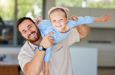 Buy stock photo Portrait, flying and dad with daughter, playing and bonding with game in house, fun and love of family. Home, airplane and happy girl with father, cheerful and together in kitchen, break and weekend